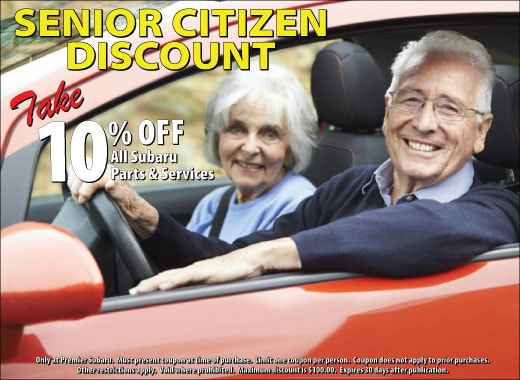 senior citizen discount, get 10% off all subaru parts and services at premier subaru