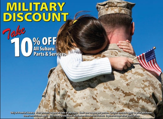 in honor of our military, get 10% off all subaru parts and services at premier subaru