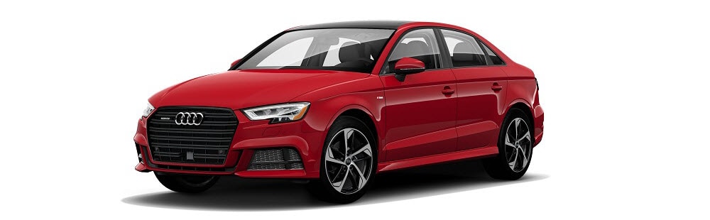 A red certified pre-owned 2020 Audi A3 against an all white background.