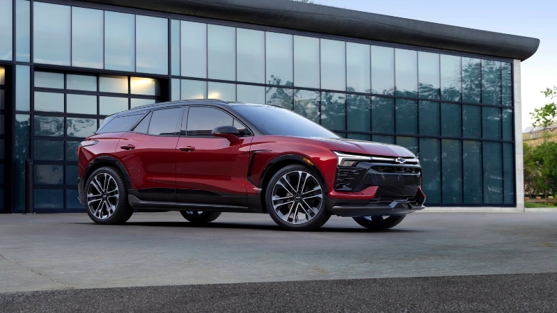 2024 Chevrolet Blazer EV in RADIANT RED METALLIC color parked near Masillon Ohio