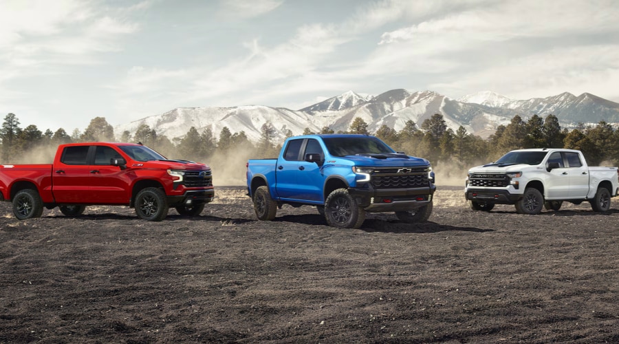 2026 Chevy Silverado 1500 Pearl White color, 2026 Chevy Silverado 1500 Radiant Red Tintcoat, 2026 Chevy Silverado Riptide Blue Metallic  