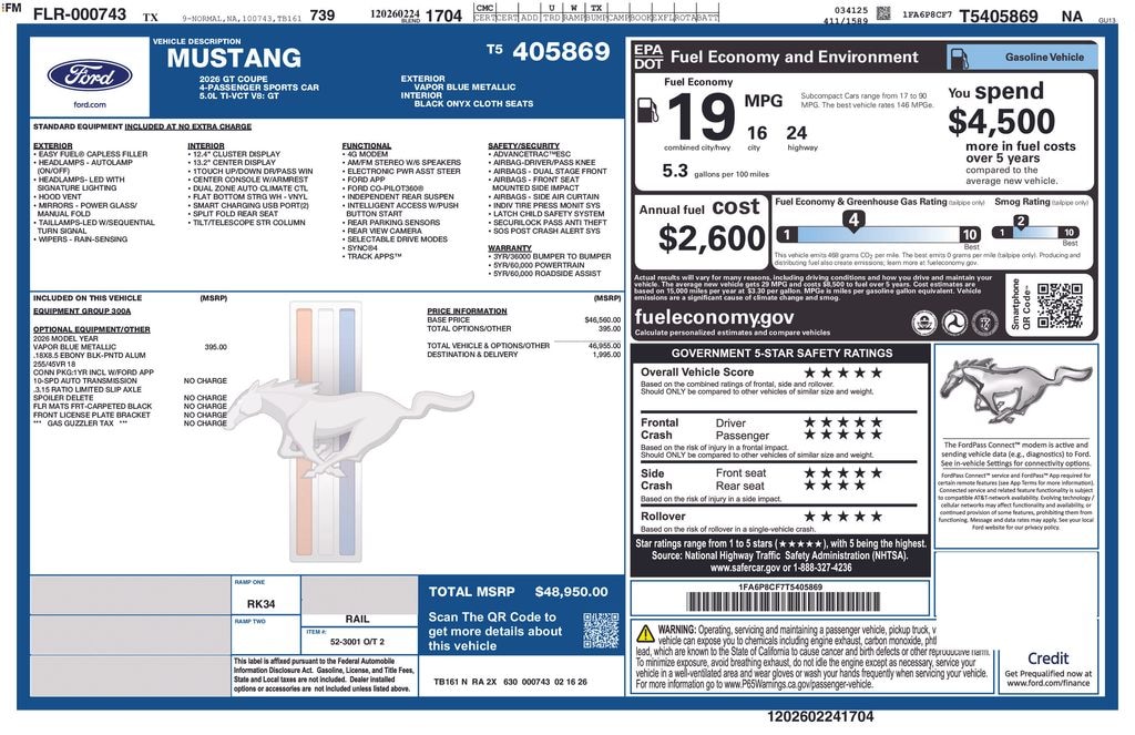 New 2026 Ford Mustang GT Fastback Coupe