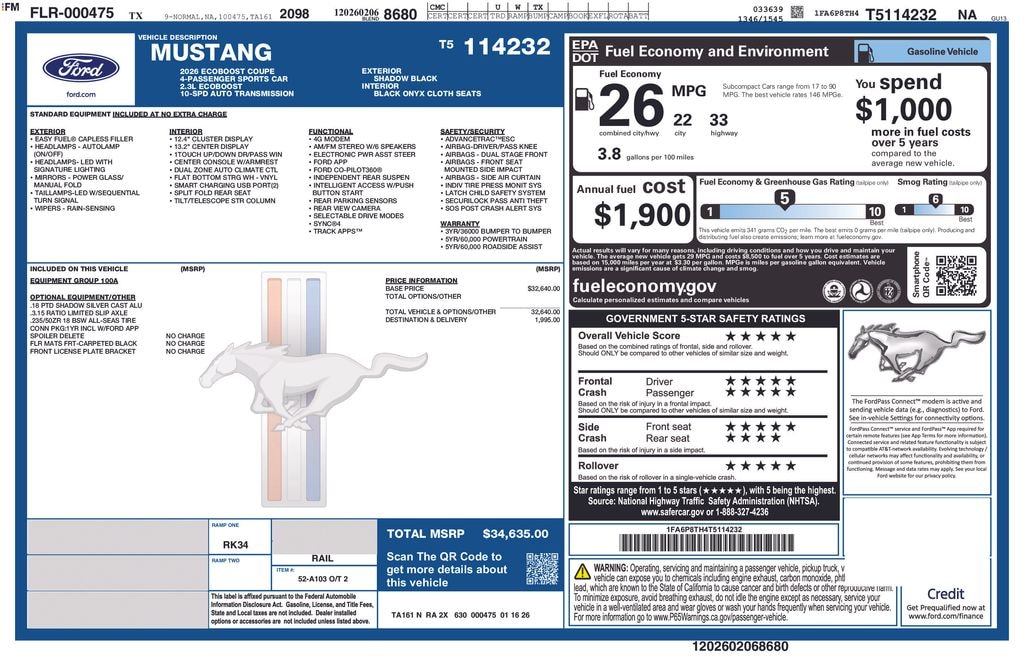 New 2026 Ford Mustang Ecoboost Fastback Coupe
