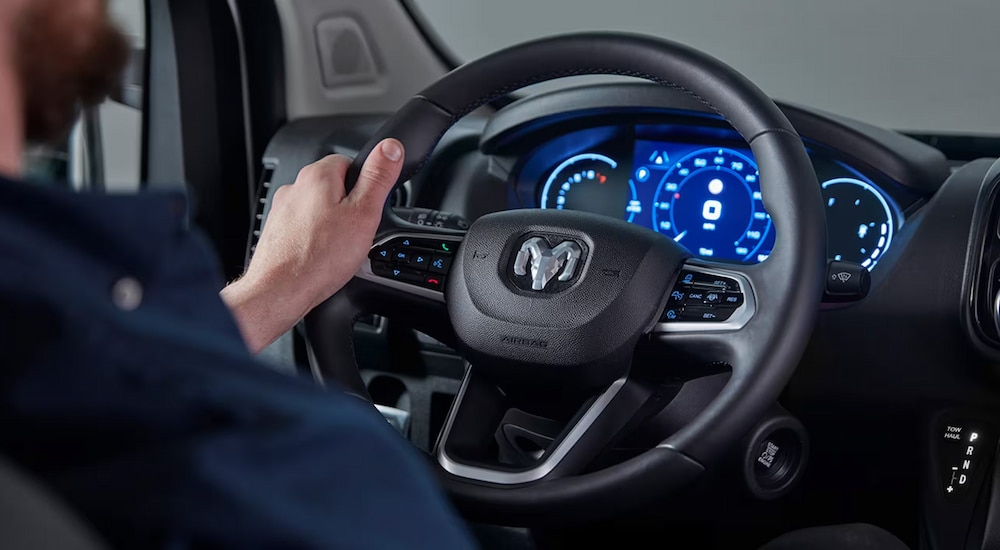Close-up of the steering wheel in a 2024 Ram ProMaster for sale.