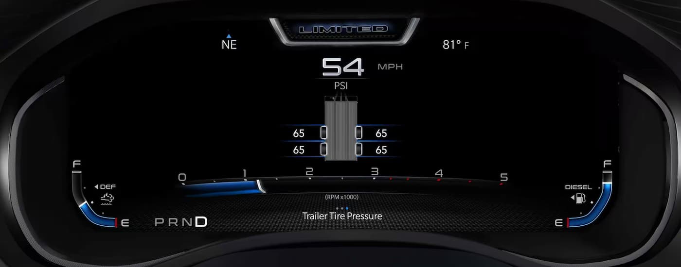 A close up of the digital gauges in a 2024 Ram 5500 Limited.