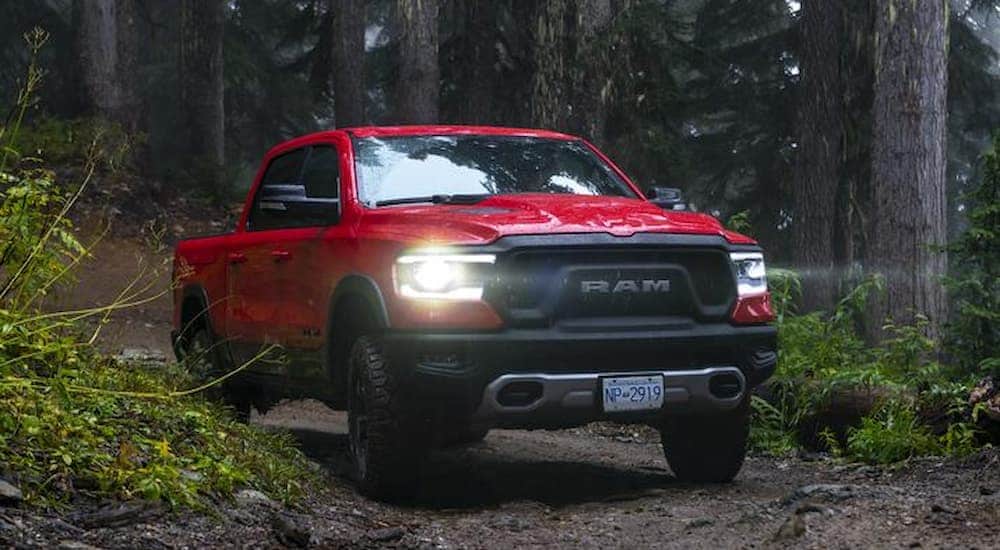 A red 2019 Ram 1500 Rebel is driving on a forest trail.