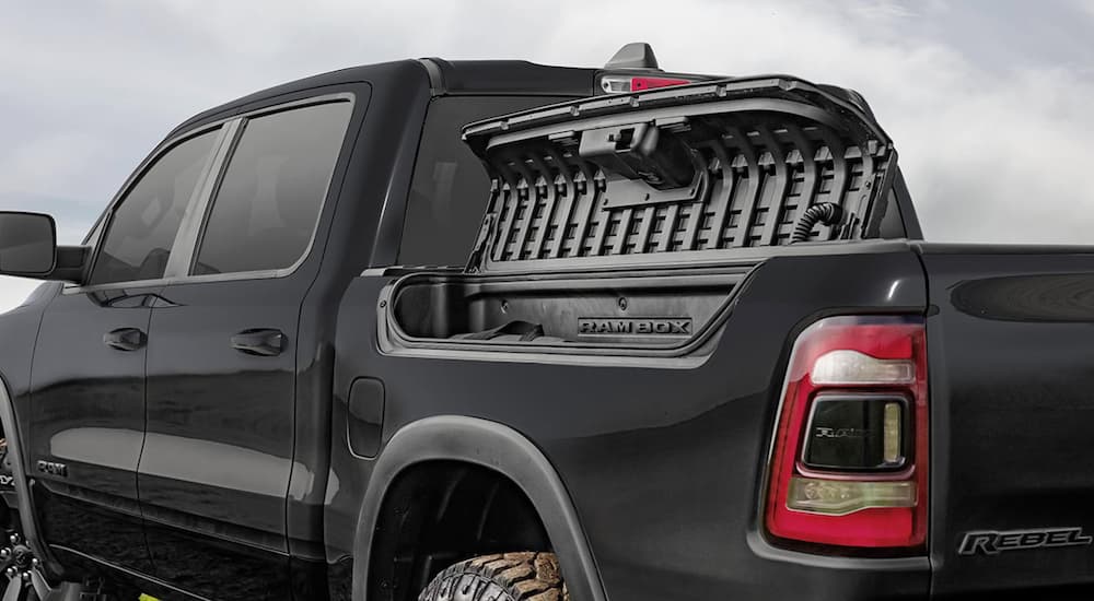 A close up of the Ram Box on a black used 2020 Ram 1500 Classic for sale.