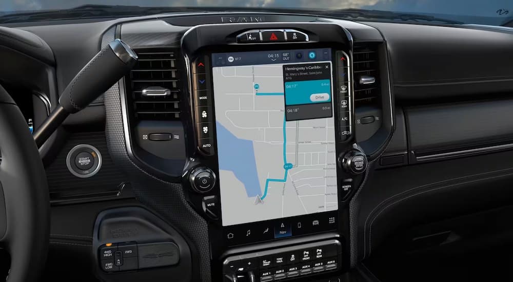 The center console and infotainment screen in a 2024 Ram 5500 Limited for sale.