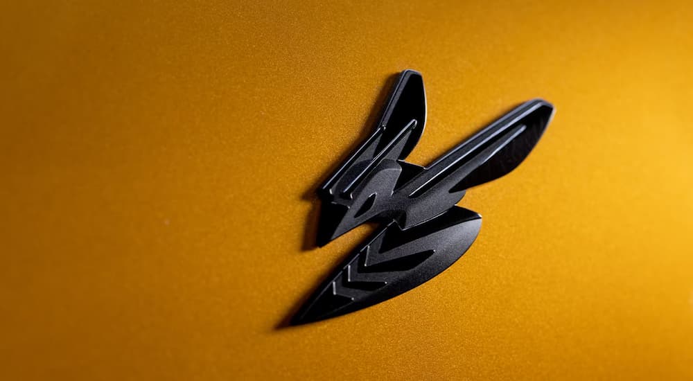 A close up of the Hornet badge on a 2024 Dodge Hornet.
