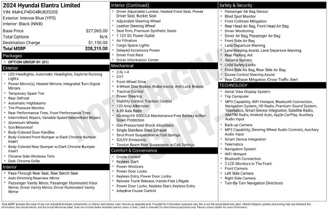 Used 2024 Hyundai Elantra Limited with VIN KMHLP4DG4RU835205 for sale in Burkburnett, TX