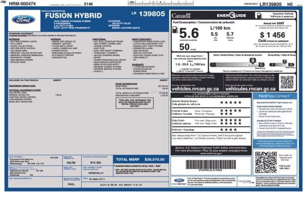 Used 2020 Ford Fusion Hybrid Titanium Sedan
