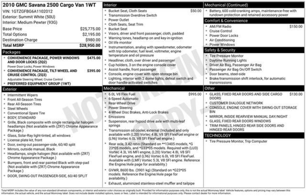 Used 2010 GMC Savana 2500 Van Cargo Van