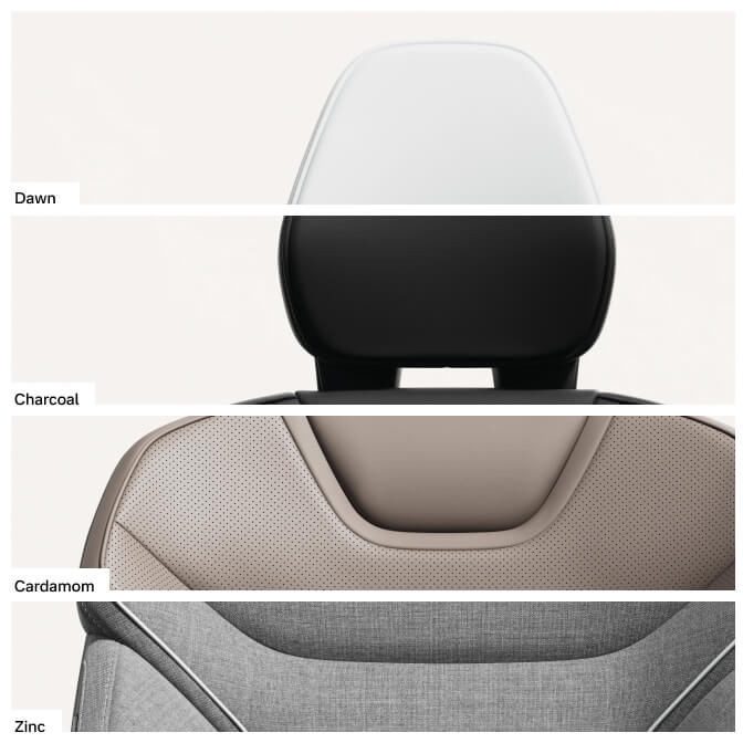 Close-up of a Volvo EX90 captain's seat split into four sections showing the available interior colors.