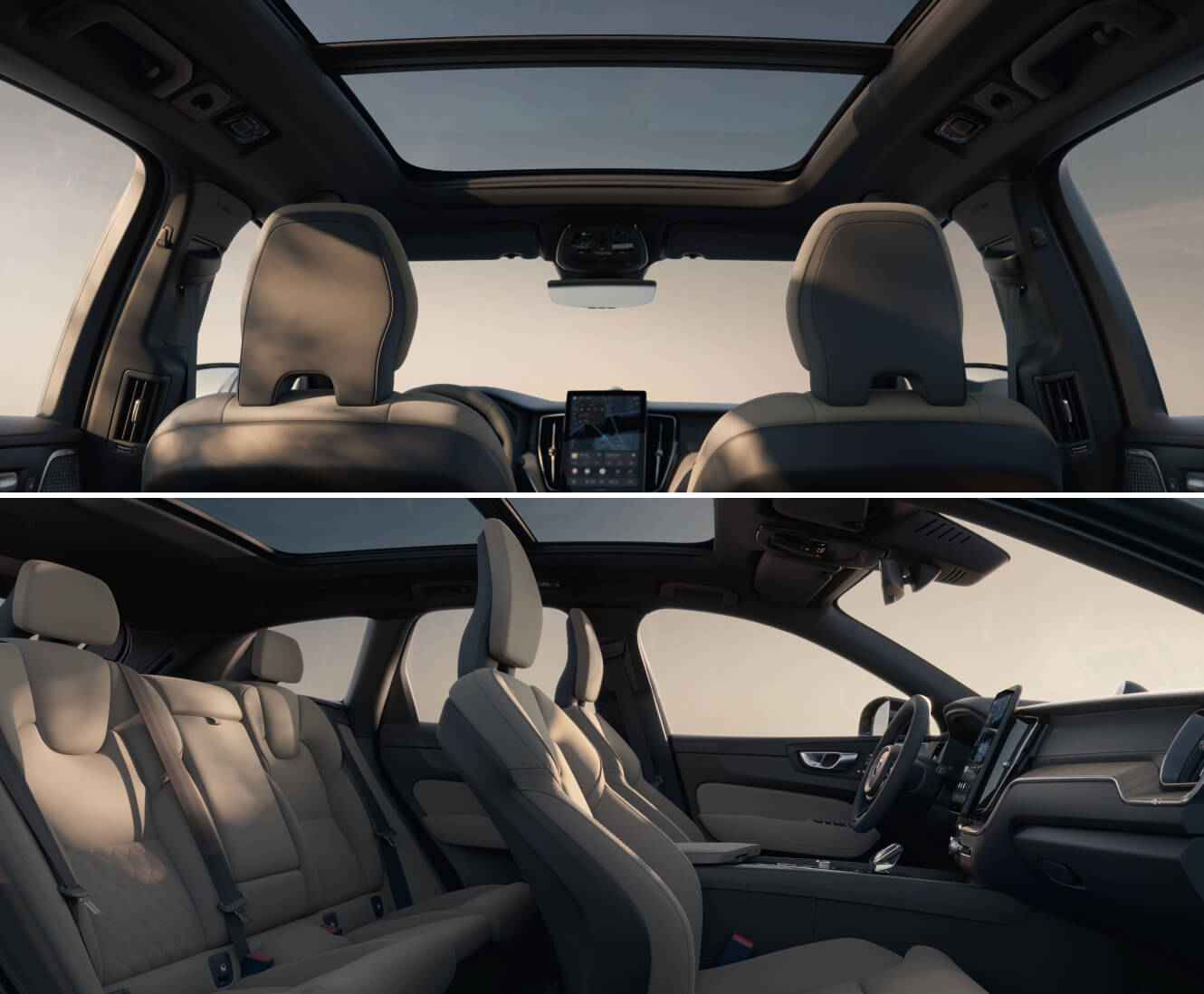 Back seat perspective shot and side view dissection shot both showing spacious Volvo XC60 interior.