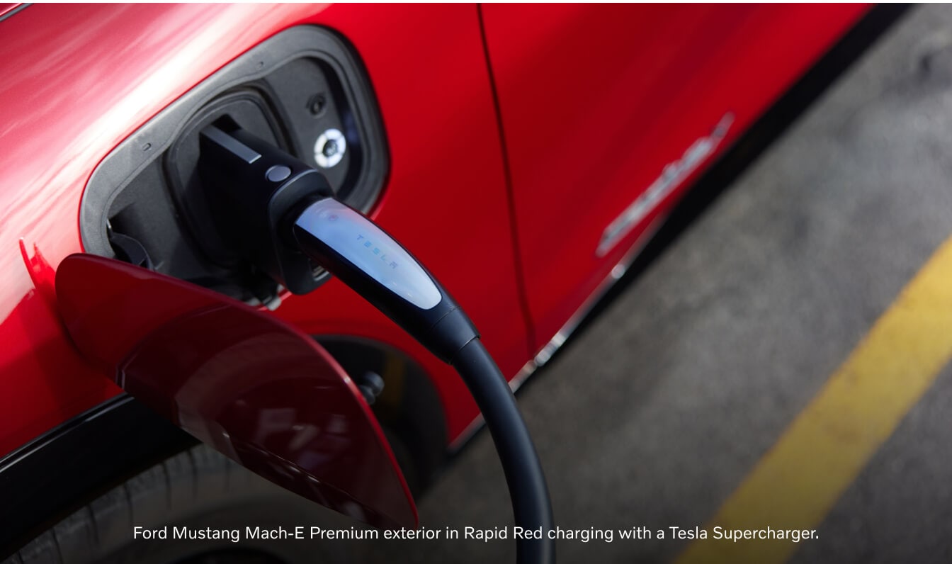 Close-up view of a Ford Mustang Mach-E Premium in Rapid Red Metallic charging with a Tesla Supercharger.