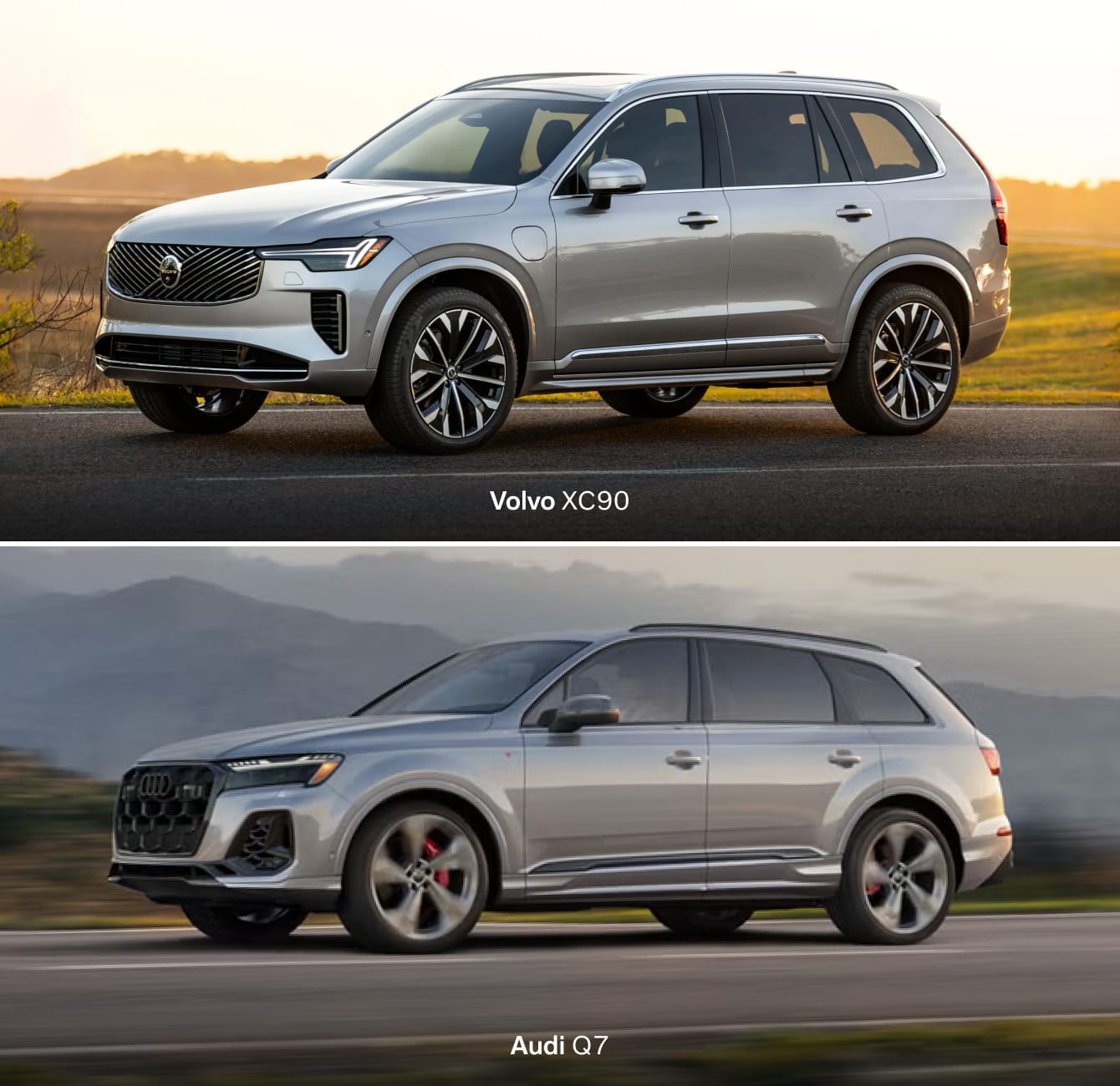 Split image showcasing two SUVs on a scenic road. Top: 2026 Volvo XC90 with modern design at sunset. Bottom: 2026 Audi Q7 in motion with dynamic curves.