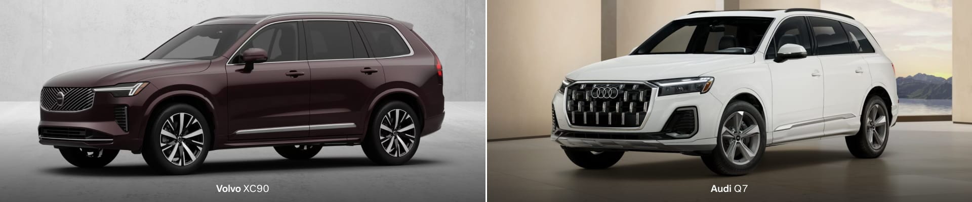 Split image of two SUVs: a 2026 Volvo XC90 in Mulberry Red exterior color on the left and a 2026 Audi Q7 on the right. Both vehicles are parked in a minimalist setting.