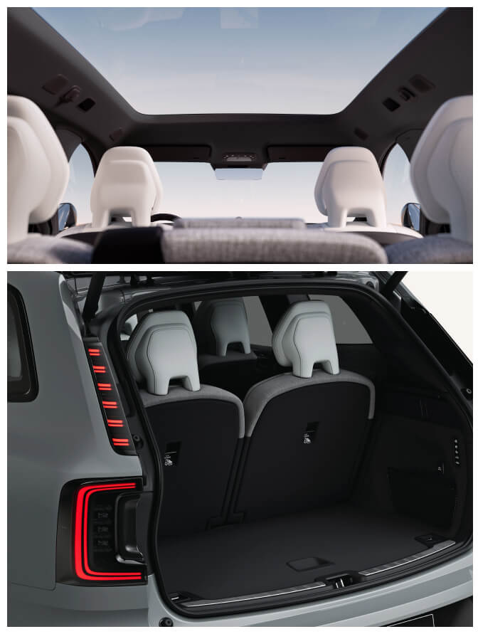 Rear seat perspective shot of 2027 EX90 interior showing headroom and moonroof. Rear view of open EX90 tailgate and trunk.