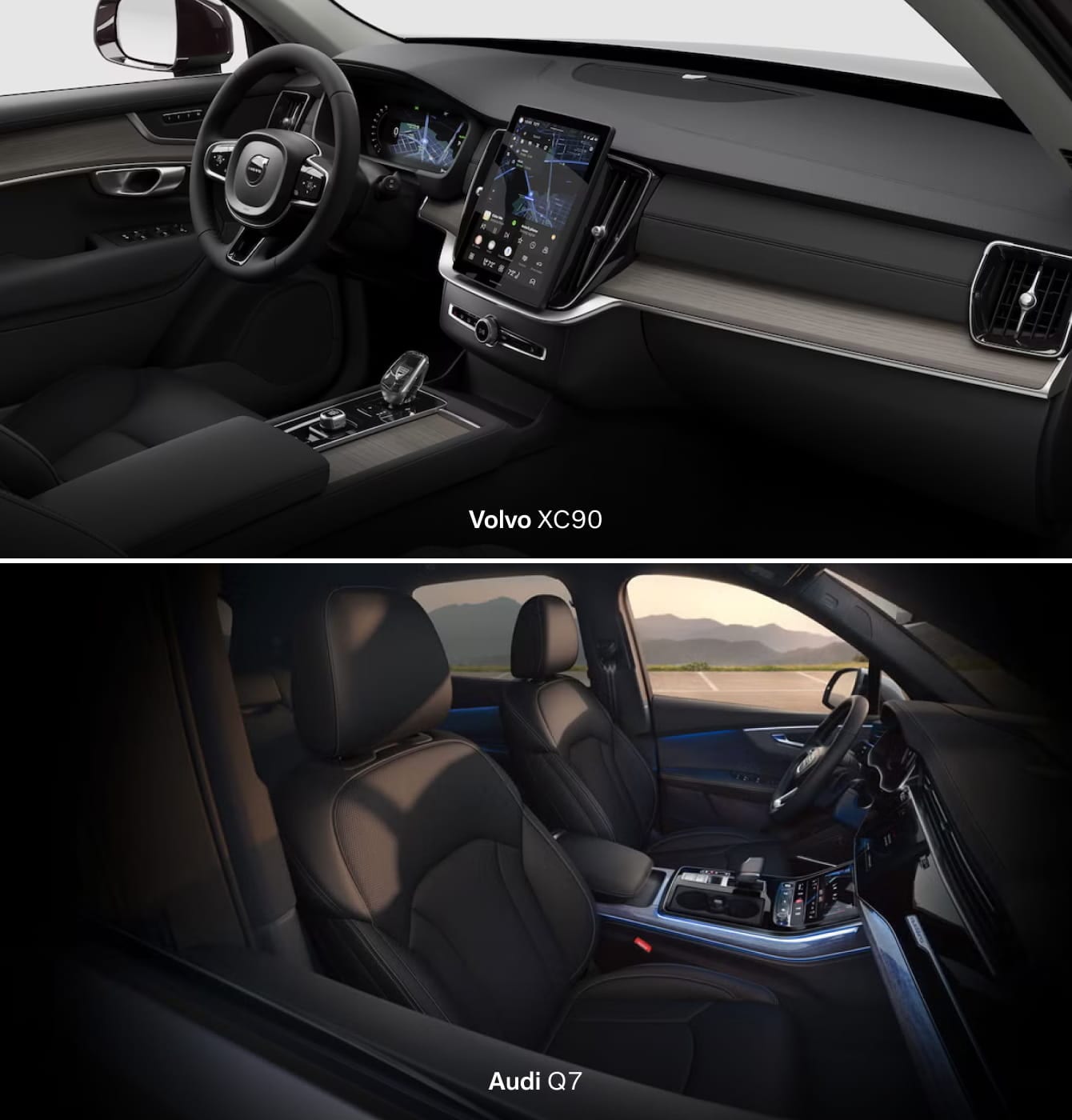 Top image: 2026 Volvo XC90 interior with sleek dashboard, digital displays, and premium materials. Bottom image: 2026 Audi Q7 interior featuring luxury seating and modern controls against a scenic backdrop.