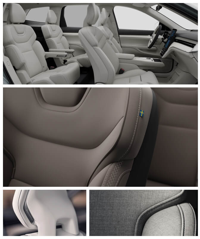Collage showing multiple close-ups of 2027 Volvo EX90 interior upholstery and stitching details.