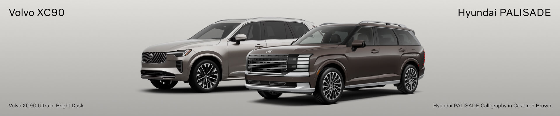 Volvo XC90 Ultra in Bright Dusk. Hyundai PALISADE Calligraphy in Cast Iron Brown.