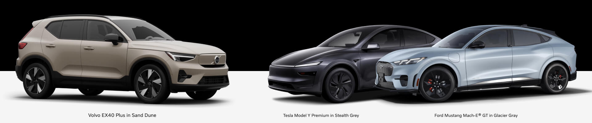 Studio shot highlighting a Sand Dune Volvo EX40 Plus, Stealth Grey Tesla Model Y, and Glacier Gray Ford Mustang Mach-E GT.