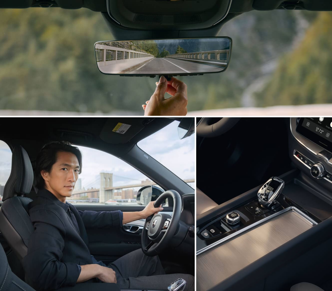 Interior detail shots showing close-ups of digital rear view mirror, center console and passenger perspective of driver's seat.