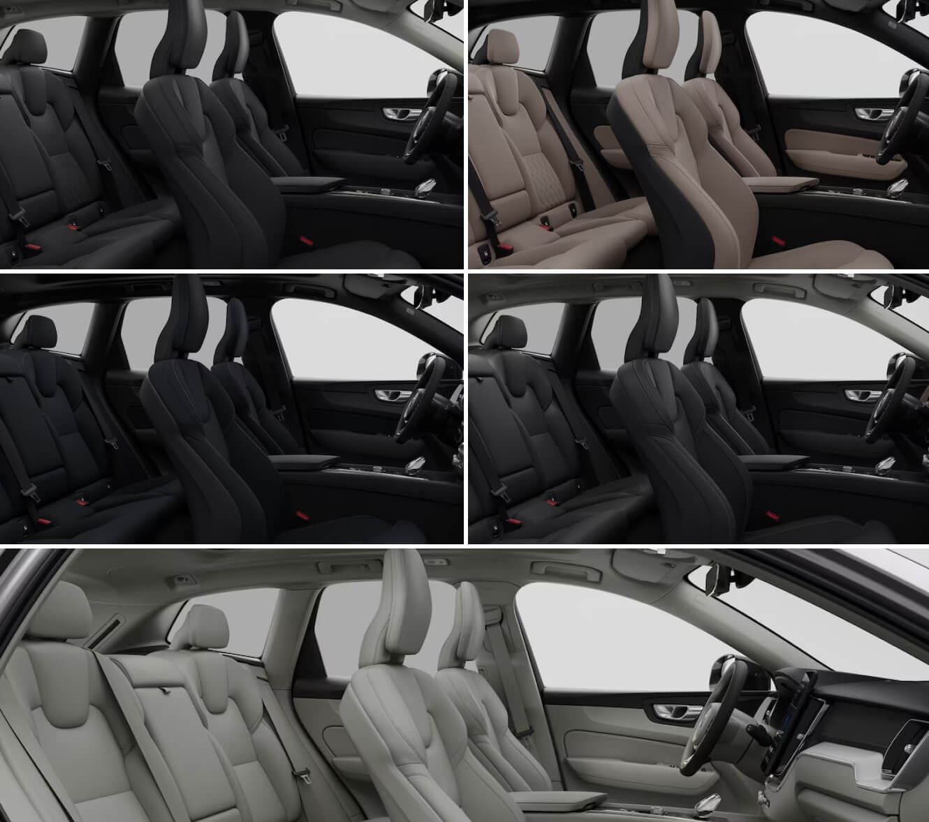 Five panel side-by-side comparison collage showing all interior colors of Volvo XC60 trim colors.