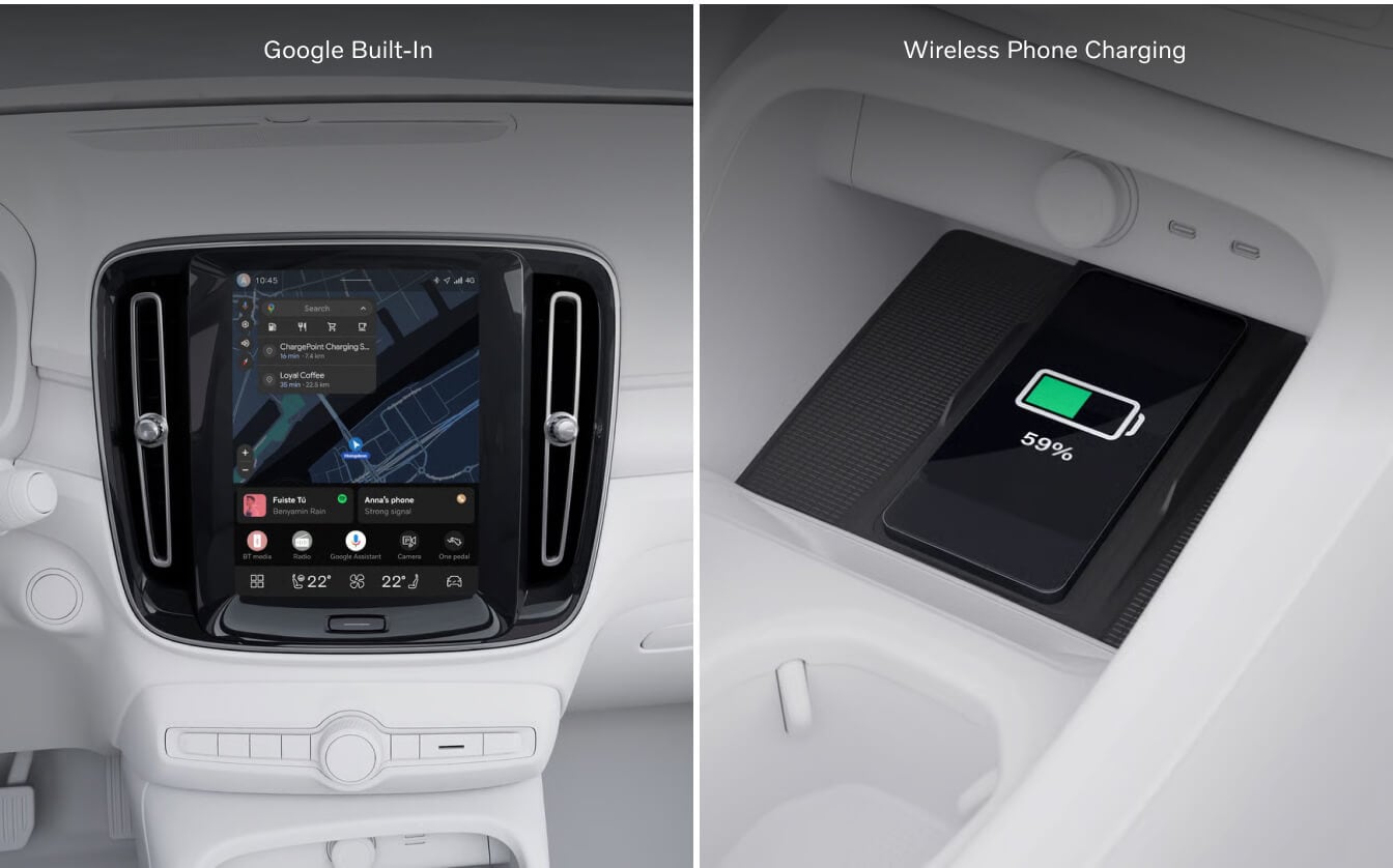 Split-screen detail of a Volvo EX40 Plus showcasing Google Built-In navigation and an integrated wireless phone charging pad.