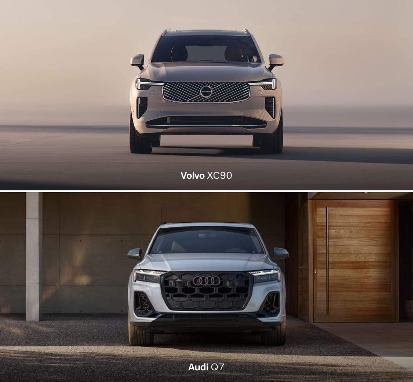 Split image showing front views of two SUVs: a sleek, modern 2026 Volvo XC90 above and an elegant, bold Audi Q7 below, both emphasizing luxury design.