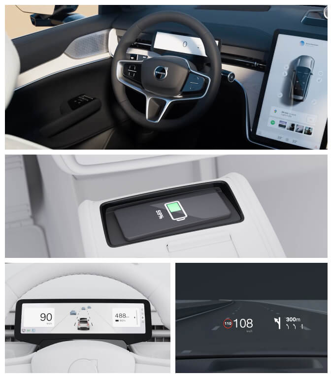 Collage of interior images highlighting Volvo EX90 technology and safety features.