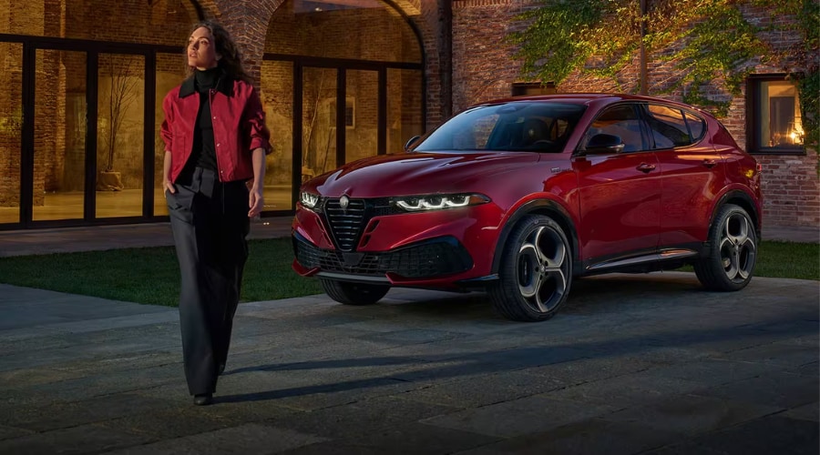 Front Scudetto grille and badge radar sensor array on 2026 Alfa Romeo Tonale plug-in hybrid SUV