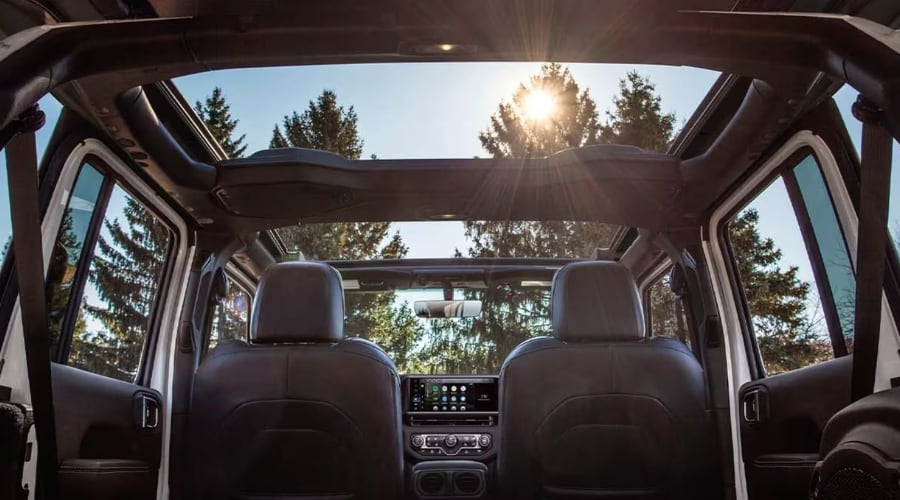 Interior view from the rear seat of a white 2026 Jeep Wrangler with the doors and roof panels removed, showing the exposed black structural roll bars, front seats, and bright sunlight flaring through the open top against a backdrop of tall pine trees near Ramsey NJ