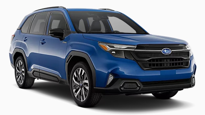 Exterior view of the 2026 Subaru Forester Hybrid in Daybreak Blue Pearl paint.