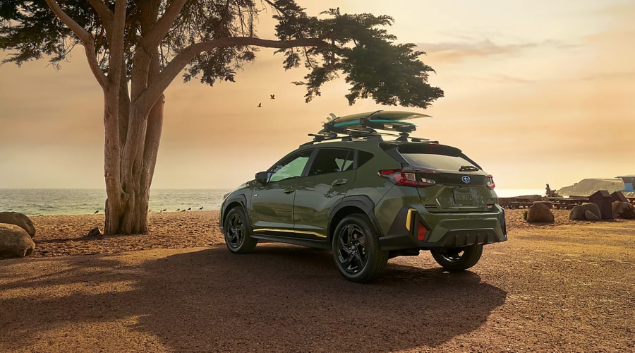 Rear three-quarter view of an Alpine Green 2026 Subaru Crosstrek Sport loaded with surfboards under a tree at sunset