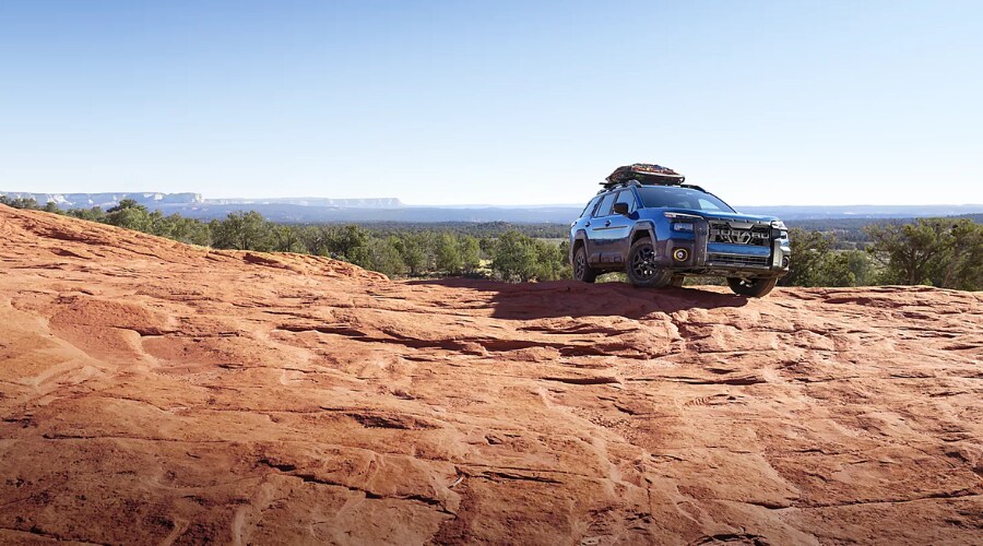 Blue 2026 Subaru Outback Wilderness with a loaded roof rack cargo basket on a rocky ledge, showcasing standard AWD capability for Bergen County NJ family road trips.