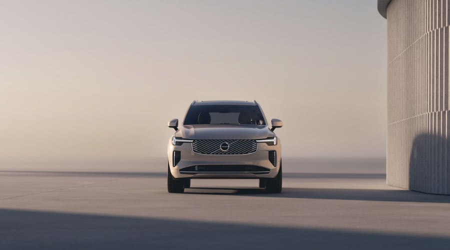 Front view of the 2026 Volvo XC90 luxury SUV highlighting the front emblem radar grid and upper windshield optical camera housing used for Pilot Assist safety systems at Ramsey Volvo in Bergen County, NJ.