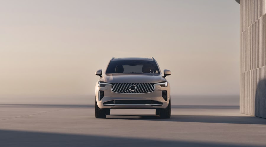 Front profile of a 2026 Volvo XC90 in Ramsey showing its elegant grille design and signature Thor's Hammer headlights