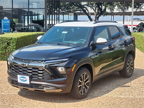 2-tone black and white 2026 Chevy Trailblazer SUV parked at the Huffines Chevrolet Plano dealership in Plano, TX