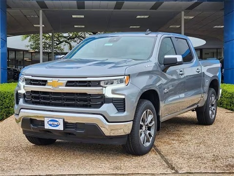 grey 2025 Chevrolet Silverado 1500 truck parked at the Huffines Chevrolet Plano dealership in Plano, TX