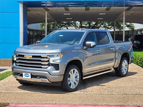 gray 2026 Chevy Silverado 1500 parked at the Huffines Chevrolet Plano dealership in Plano, TX