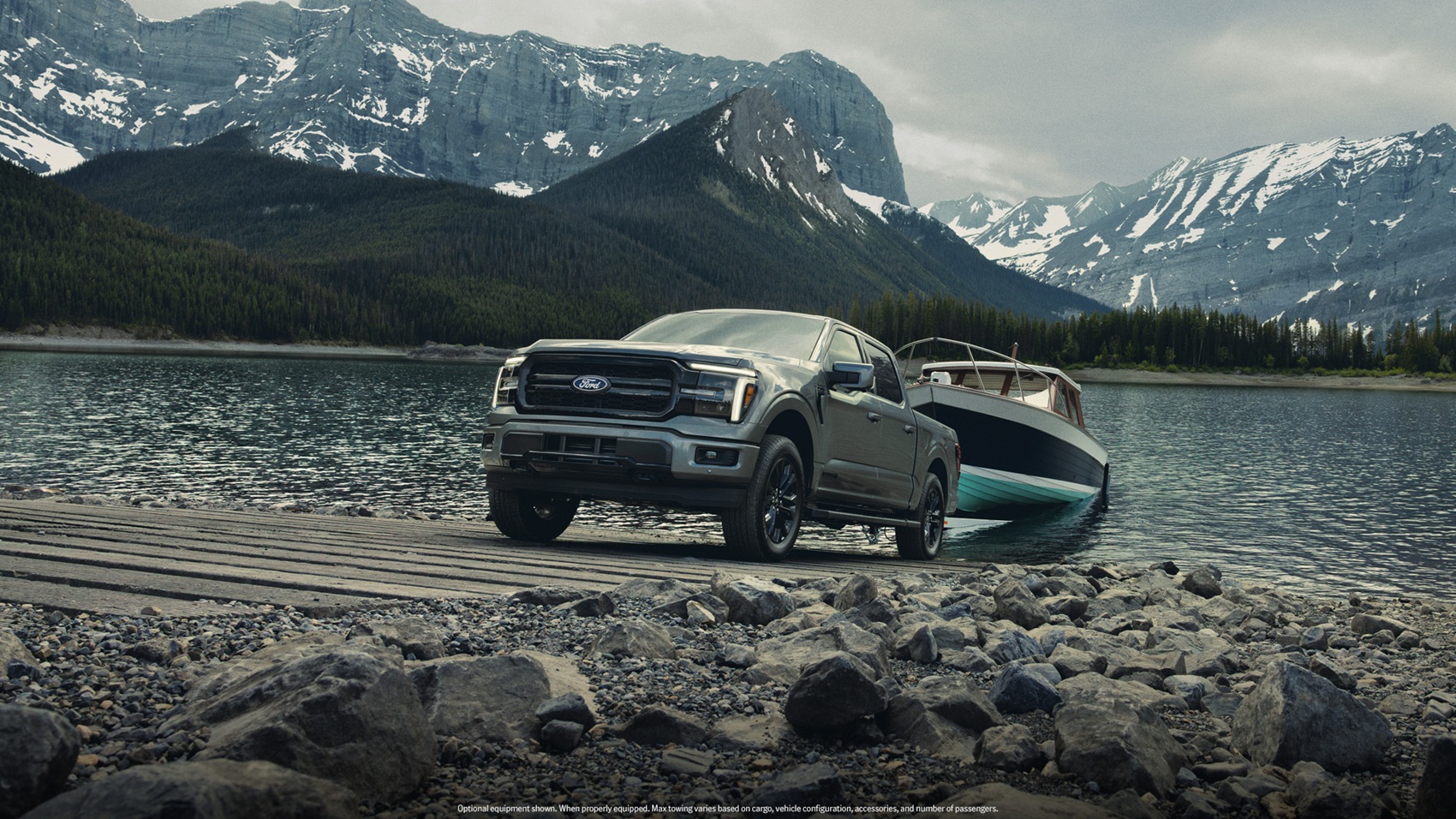 Ford F-150 Towing boat out of mountain lake