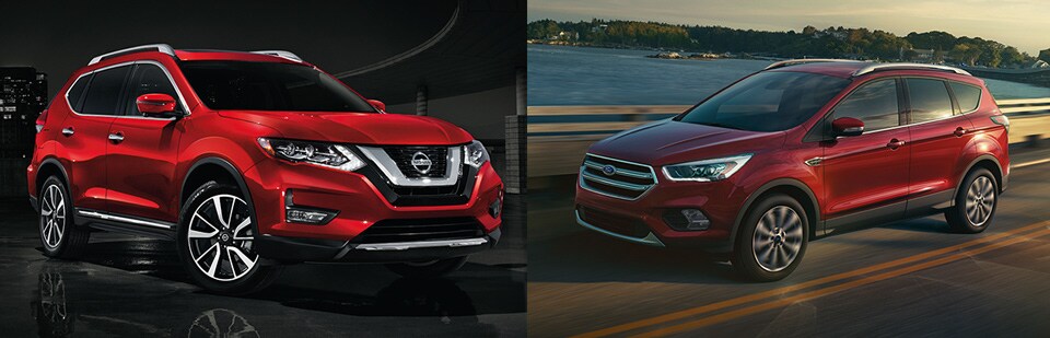 Comparison scene showing the relationship between a 2018 Nissan Rogue and a Ford Escape in a dealership setting