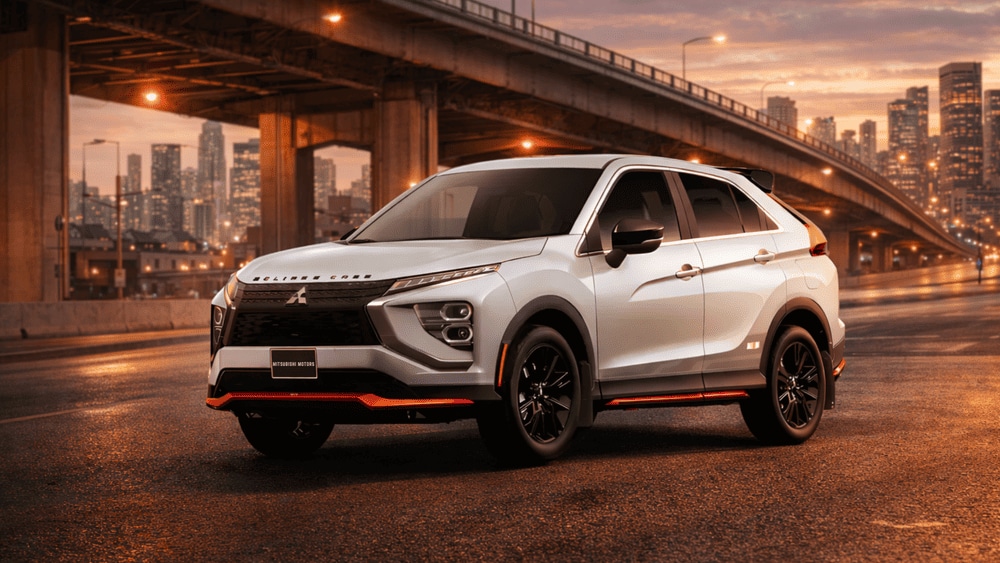 2025 Mitsubishi Eclipse Cross parked under a city bridge at sunset, symbolizing reliability for Reading, PA drivers.