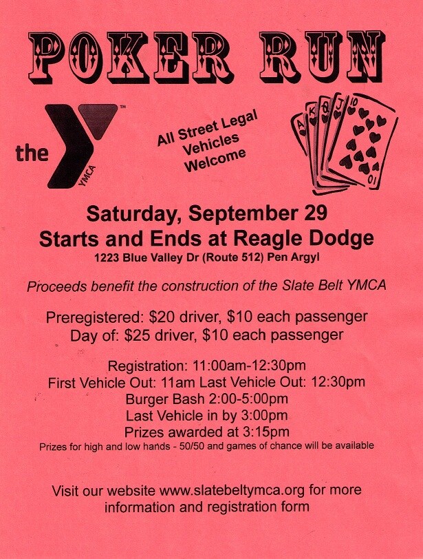 Poker Run to Benefit the Slate Belt YMCA Reagle Dodge
