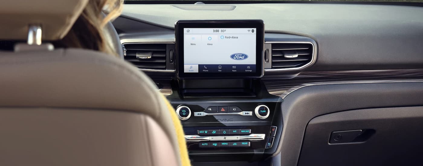Front center console and steering wheel in a 2025 Ford Explorer
