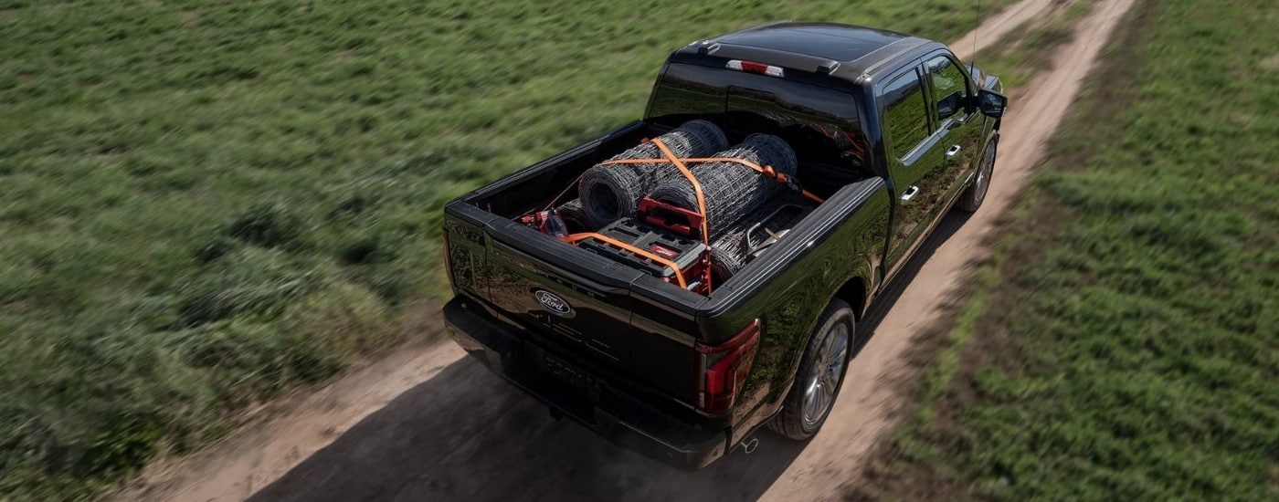 A black 2024 Ford F-150 for sale near Perrysburg is shown on a trail.
