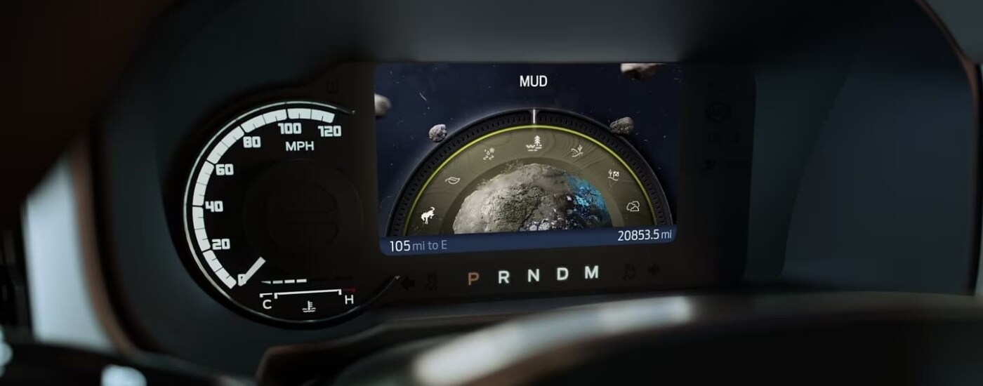 Mud mode is shown on a digital gauge in a 2023 Ford Bronco for sale near Vanlue.