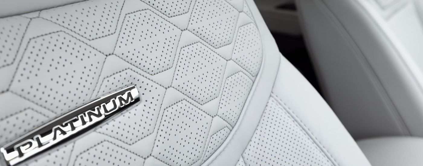 Close up of the grey leather seat in a 2025 Ford Explorer Platinum