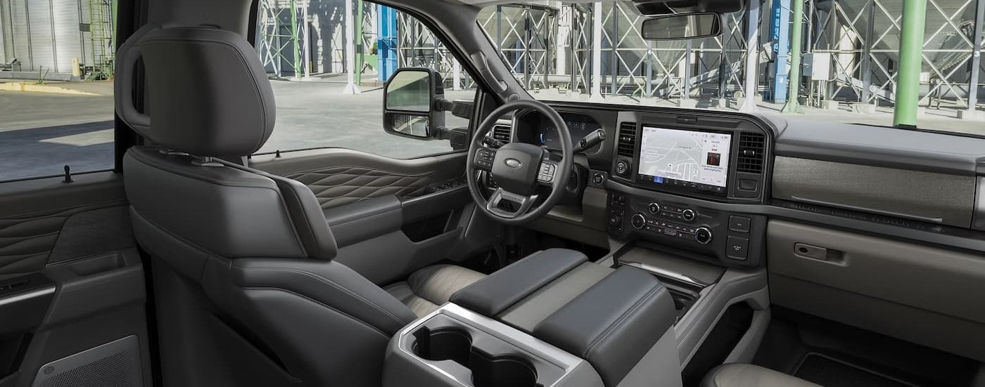 The gray interior and dash are shown in a 2025 Ford F-250.
